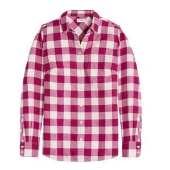 J. Crew Factory Tops - J. Crew Factory Plaid Flannel Raspberry Cream Button-Up Shirt Size M